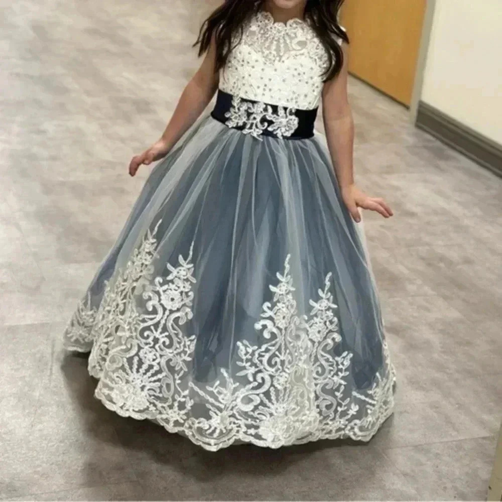 Little girl tulle beaded long gown